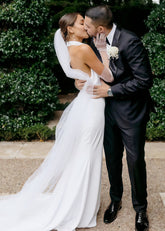 Eleanore | Classic Trumpet/Mermaid High Neck Backless White Satin Maxi Wedding Dress with Long Train - Price #price_variant_lowest# - White - PromDressClub